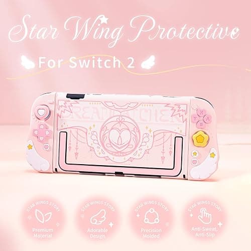 Geekshare Protective Case Set Compatible with switch 2, PC Back Plate with Silicone Joysticks Covers, Includes 2 Thumb Grips, Waterproof Protection - Star Wing Series (Pink) thumbnail 3