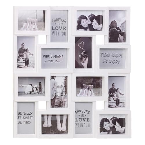 Large Multi Aperture Collage Picture Photo Frame Holds 16 Photos 6x4 Wood Look Square 3D Wall Display Decor (White) - White - Image 1