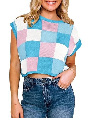 Saodimallsu Womens Cap Sleeve Crop Tops Summer Color Block Going Out Crew Neck Knit Trendy Casual Sweater thumbnail 2