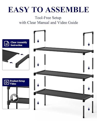 Kitsure Shoe Rack - 3-Tier Shoe Organizer, Shoe Rack for Closet, Entryway, Bedroom, Easy- Assembly Storage Shelf with Side Handles, 27.6" Wide - 3 Tiers, Black thumbnail 7