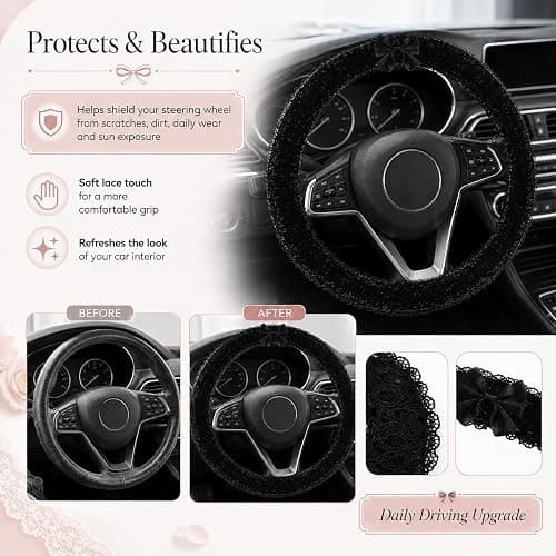 2027 Upgraded 15 Inch Lace Steering Wheel Cover Without Bow，B：O-Shape | Non-Slip Universal Fit Car Wheel Cover Fit, Elegant Bow-Knot Steering Wheel Cover, Stylish Car Interior Accessories thumbnail 3