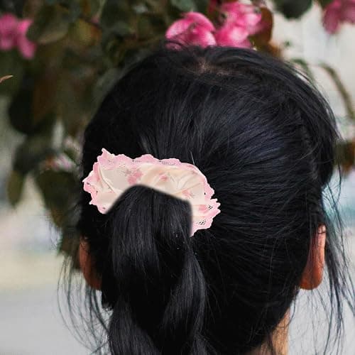 BETOOKY 2pcs Pink Lace Floral Satin Scrunchies Silk Hair Ties with Bow Knot, Stretchy Ponytail Holders thumbnail 5
