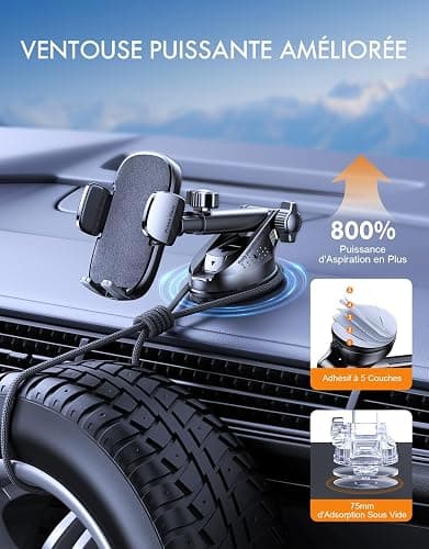 Mohard Support Telephone Voiture, [Jamais de Chute] Ultra Robuste Porte Telephone Voiture Orientable à 360°, Accroche Téléphone Voiture Ventouse Ensembles d'Intérieurs pour 4-7" Smartphones thumbnail 3