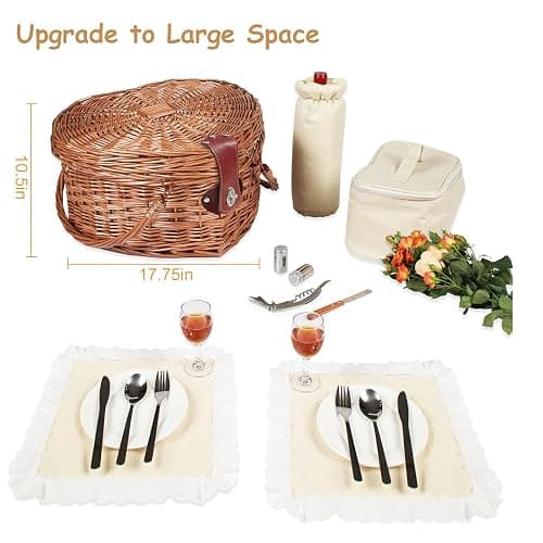 RORLAND Heart Shaped Picnic Basket Set 2 Person,Wicker Romantic Willow Woven Basket W/Tableware for Camping Indoor Outdoor Party,Couple Gift for Valentine's Day,Engagement,Wedding,Anniversary,Birthday thumbnail 3