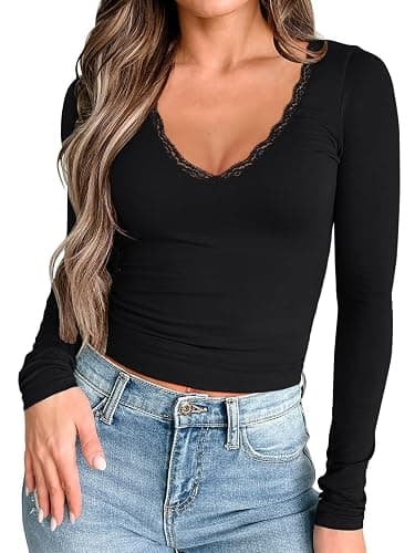 PINKMSTYLE Women Sexy V Neck Lace Long Sleeve Shirts Basic Fitted Double Lined Going Out Y2K Trendy Fall Tops thumbnail 2