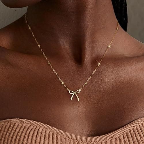 Thaivor Gold Necklace for Women Dainty Bow Necklace 14K Gold Plated Cute Choker Necklace Small Bow Pendant Charm Necklaces Teen Gift Trendy Stuff Personalized Jewelry Gifts thumbnail 4