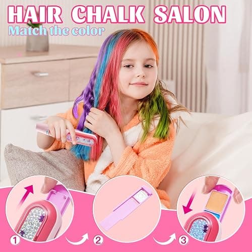 Temporary Hair Chalk with Hair Gem Stamper Kit, Hair Styling Tool with REUSABLE Shining Diamonds, Washable Hair Chalk Hair Color Dye for Girls, Toys Gifts for Girls 3 4 5 6 7-12 thumbnail 3