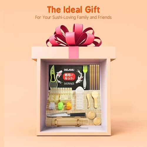 Delamu Sushi Making Kit 27 in 1 [Parent-Child] Sushi Kit, for Beginners/Pros Sushi Makers, with Bamboo Sushi Mats, Sushi Bazooka, Onigiri Mold, Rice Paddle, Sushi Knife, Guide Book & More thumbnail 8