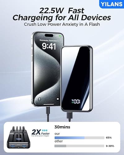 Portable Charger,50000mAh Power Bank Built-in Cable, 22.5W PD USB C In & Out Fast Charging, External Battery Pack with 6 Output & 2 Input, Travel Phone Charger for iPhone 17/16/15/14/13/12(Black) thumbnail 2