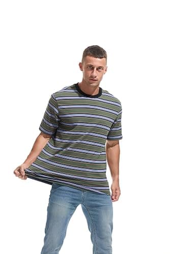 KLIEGOU Men's Fashion Loose Fit Crewneck Stripe T-Shirt thumbnail 4