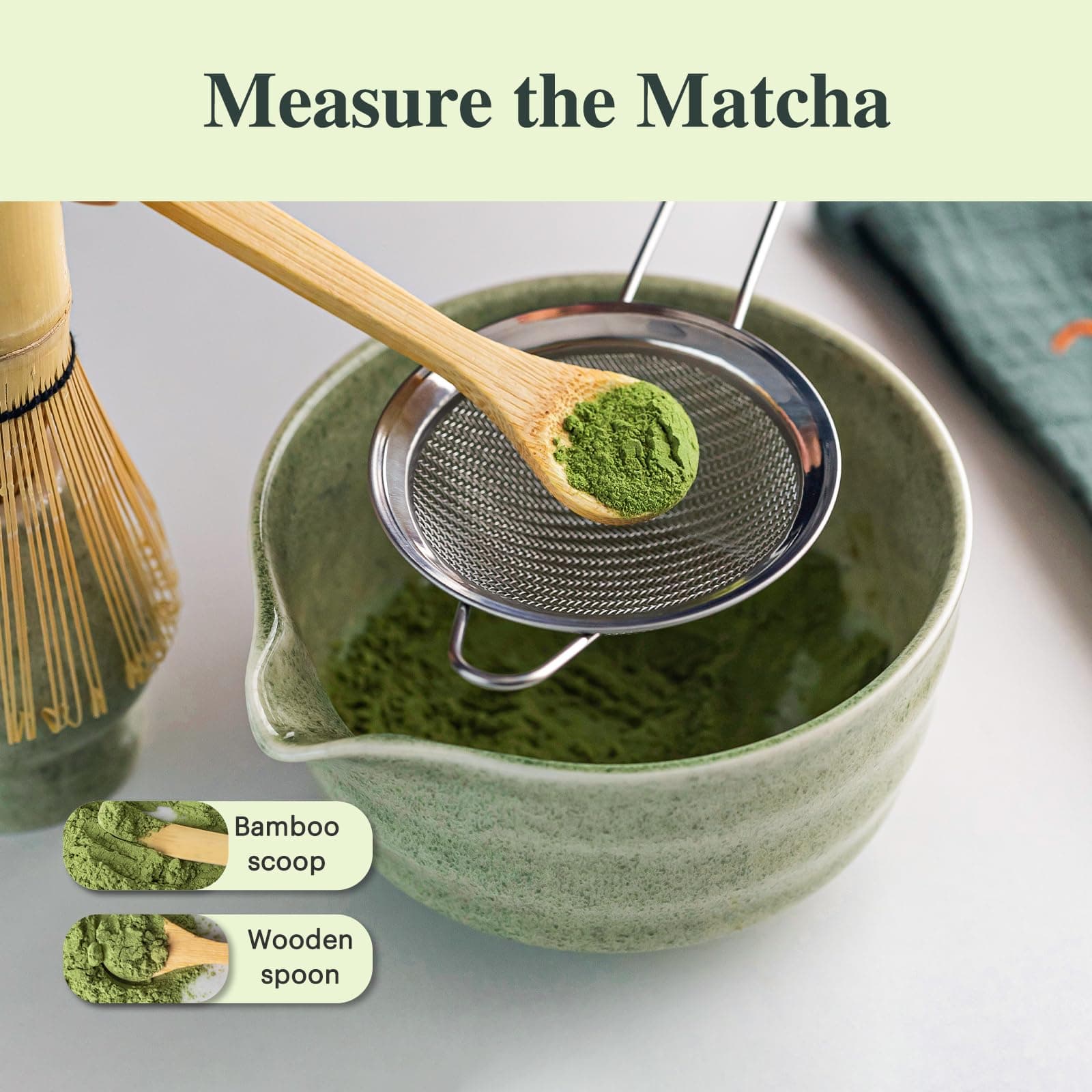 Matcha Whisk Set - 8PCS Kit for Matcha Lover, with Handcrafted Bamboo Whisk Matcha Scoop Matcha Stand Matcha Bowl, Sifter, Tea Cloth (Chakin), Scoop Stand,Wood Spoon thumbnail 3