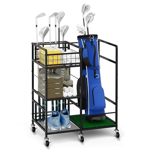 Golf Bag Storage Garage Organizer Golf Bag Stand for Single Golf Bag, Golf Clubs, and Golf Equipment Accessories Golf Bag Holder Storage Rack with Wheels for Garage, Club, Sports, Basement, Black - Image 1