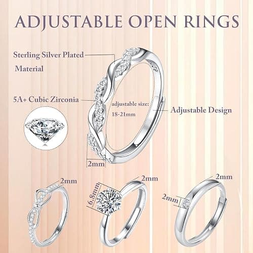 sawyofu Sterling Silver Adjustable Rings For Women 4pcs Cubic Zirconia 925 Silver Plated Wedding Stacking Rings Sets For Women Jewellery thumbnail 2