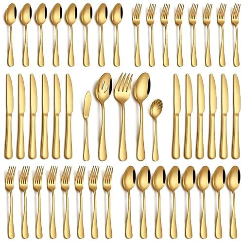 PHILIPALA 45 Piece Gold Silverware Set with Serving Utensils, Stainless Steel Flatware Set for 8 Food Grade Cutlery Utensil Set Include Knife Fork Spoon Mirror Polished Dishwasher Safe - Image 1
