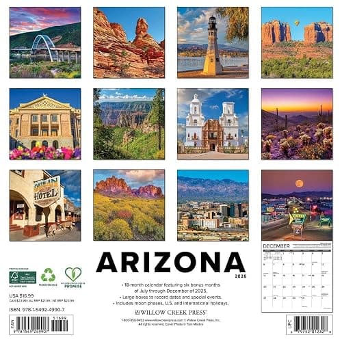 Willow Creek Press, Arizona Travel and Events 2026 Wall Calendar, 12'' X 12'', 18-Month Calendar with Stapled Binding thumbnail 2