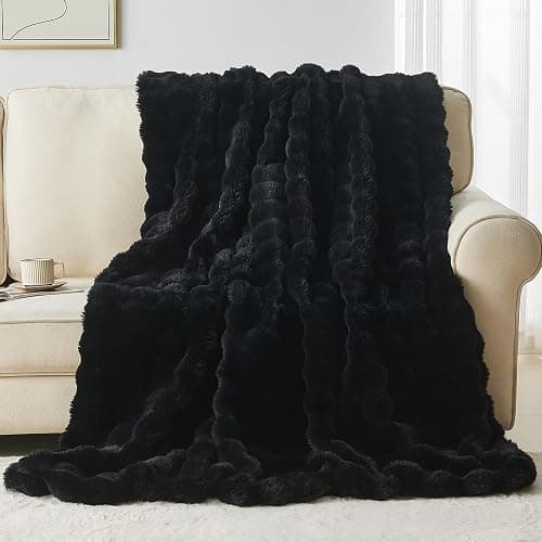 Wajade Fluffy Faux Fur King Size Blanket for Bed Couch 90x106 Inches, Luxury Ultra Soft Thick Fuzzy Plush Bubble Blanket, Reversible Warm Cozy Blanket for Sofa Chair, Black thumbnail 2