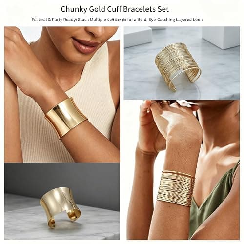 COLOYAN 6PCS Gold Cuff Bangle Bracelets for Women | Sturdy Durable Open Gold Wrist Cuff Bangle,Boho Beach Style, Starfish Shell Leaf Design, Dresses, Vacations, Nights out thumbnail 5
