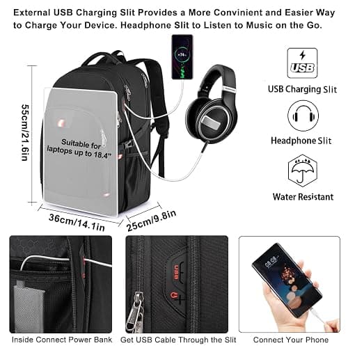 Della Gao Travel Laptop Backpack, 18.4 inch Extra Large Backpack for Men and Women, 45L Capacity Business Computer Back Pack (Black, 18.4 Inch) thumbnail 7