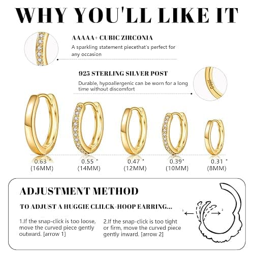 JEMARA Gold Earrings Minimalist 14K Gold Plated Huggie Hoop Earrings Set Hypoallergenic 925 Silver Cartilage Sleepers Huggie Silver Earrings for Women thumbnail 5