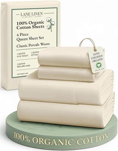 LANE LINEN 100% Organic Cotton Queen Sheets, 4Pc Cotton Sheets Set, Classic Percale Weave Bedsheets Queen Size Bed, Soft Breathable Sheet & Pillowcase Sets, Deep Pocket 15" - Natural - Image 1