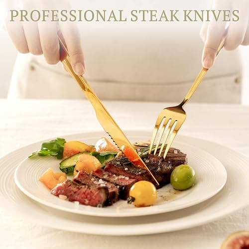 Astercook Silverware Set 48-Piece Gold Flatware Set with Steak Knives Food-Grade Stainless Steel Cutlery Set for 8 Mirror Polished Utensils Set for Home Kitchen Restaurant Valentine's Gift thumbnail 4
