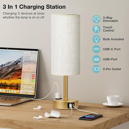 Fenmzee Gold Nightstand Bedroom Lamp - 3 Way Dimmable Bedside Lamp USB C A Charging Ports and AC Outlet, Small Table Lamp Linen Lampshade for Office Desk, LED Bulb Included thumbnail 3