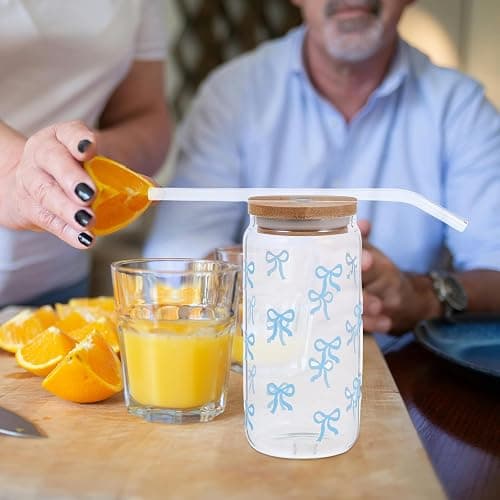 VALICLUD Cute Glass Tumbler with Straw and Lid, Large Capacity High-temperature Resistant Juice and Coffee Cup, Blue Bowknot Design with Wooden Lid for Iced Drinks and Water thumbnail 7