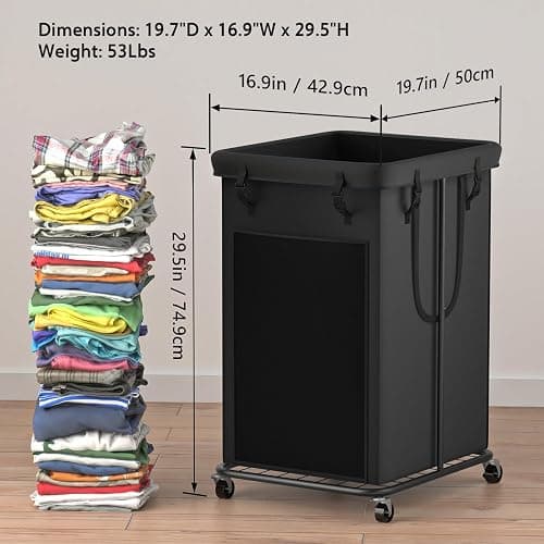 YKDIRECT 150L Large Laundry Hampers, Oxford Fabric Laundry Hampers Clothes Hampers, Metal Frame and Removable Bag Design with Wheels, Suitable for Bedroom, Bathroom, Dorm Room, Laundry Room (Black) - 150L - Black thumbnail 2