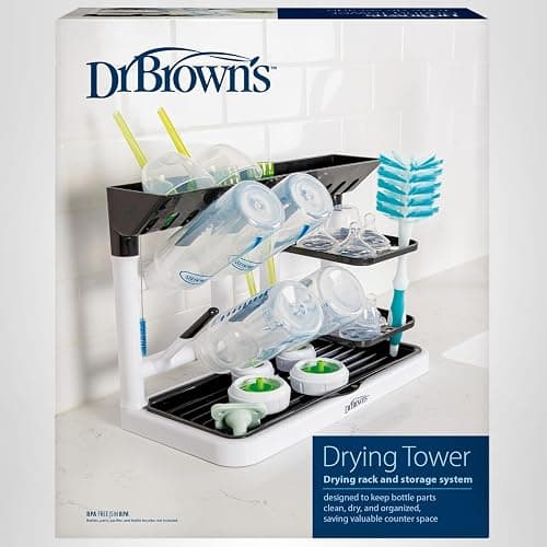 Dr. Brown's Baby Bottle Drying Tower, Stand-Up Countertop Drying Rack with Organized Storage for Baby Essentials, Space Saving Vertical Rack, Black/White thumbnail 13