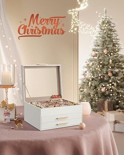 SONGMICS Jewelry Box Organizer with Glass Lid, 3-Layer Jewelry Storage, with 2 Drawers, Modern Style, Christmas Gift, 8 x 9.1 x 5.3 Inches, Cloud White and Gold Color UJBC239WT thumbnail 2