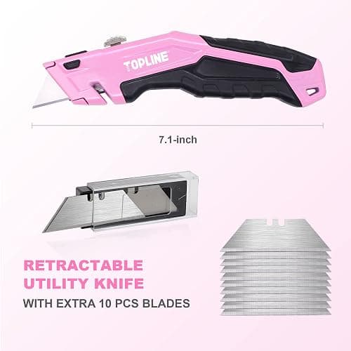 TOPLINE Retractable Pink Utility Knife, Retractable Pink Box Cutter, Blade Storage Design, 18-Piece SK5 Blades and a Dispenser Included thumbnail 7