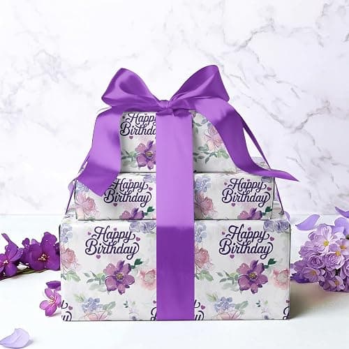 WRAPAHOLIC Birthday Wrapping Paper Roll - Mini Roll - 17 Inch x 16.5 Feet - Happy Birthday with Purple Flower Wrapping Paper for Girls Women, Baby Shower, Wedding thumbnail 6