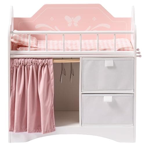 ROBUD Baby Doll Bed with Wardrobe, Wooden Dolls Cot Toy with Bedding, Storage & Hooks, Doll Accessories Furniture Crib Fits Dolls up to 22", Gifts for Girls Boys Age 3+ (Pink) - Image 1