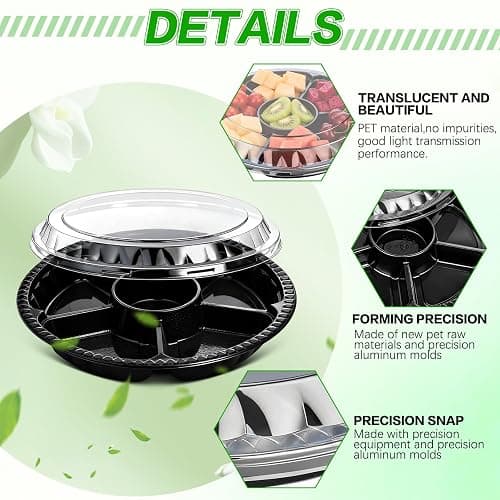 mwellewm 10 Pcs Round Plastic Appetizer Tray with Lid Divided Serving Tray, Disposable Food Storage Containers, Plastic Tray Storage, Kids Snack, Fruit Platter Vegetable Trays for Party and Buffet thumbnail 6