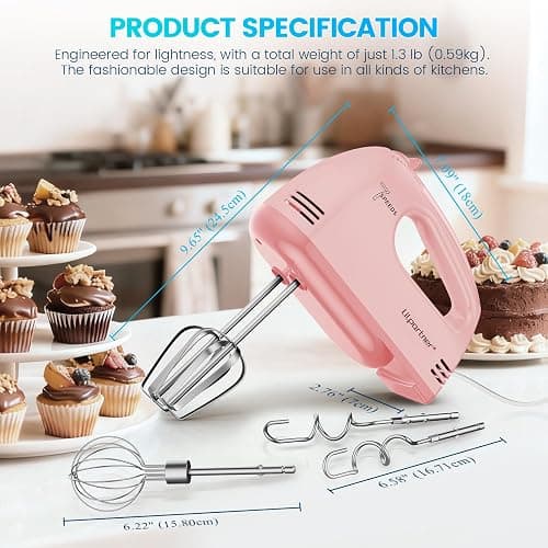 LILPARTNER Hand Mixer Electric, Small Food Mixer 7 Speeds Handheld Blender,304 *(1* Whisk, 2* Beater, 2*Dough Hook) Kitchen Blender for Cream, Cookies, Dishwasher Safe, Pink thumbnail 5
