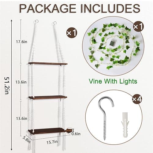 Hanging Shelf with Vine Lights, Macrame Plant Wall Shelf, Wall Storage with Handmade Woven Ropes, 3 Tier Floating Shelf, Boho Room Decor Aesthetic for Succulents, Bedroom, Living Room, Bathroom thumbnail 2