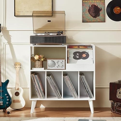 LELELINKY Large Record Player Stand, Turntable Stand with Storage, Vinyl Record Holder with Display Area, Record Player Table Holds Up to 300 Albums, Record Stand for Music Room Living Room-White thumbnail 7