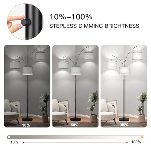 Dimmable Floor Lamp, 3 Lights Black Arc Floor Lamp, Modern Tall Standing Tree Lamp with Grey Linen Shades & Heavy Base, 3000LM LED Bulbs, Bright Lighting for Living Room, Bedroom, Office & Reading thumbnail 3