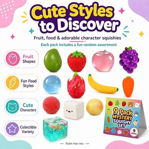 9 Pack Squishy Squeeze Toys Set, Mystery Food & Fruit Squishies (Strawberry, Carrot, Grape & More), Soft Sensory Stress Relief Toys for Kids & Adults, Birthday Party Favors (Color A) thumbnail 5