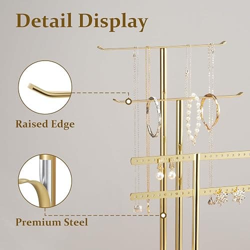 pickpiff Jewelry Stand Holder Organizer: 14.5" Sturdy Hanger for 80 Pcs Jewelry, Jewlery Tower for Display Necklace, Earring, Bracelet, Watch, Mirrored Gold thumbnail 4