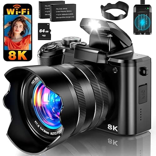 8K 88MP Digital Camera WiFi Cameras for Photography with 3.2" Touchscreen | 16X Zoom, Autofocus, Professional Dual Camera, Anti-Shake, 2 Batteries & Charging Stand, 64GB Card, Flash, Lens Hood - Image 1