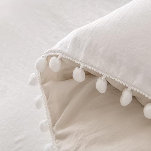 Bedbay Boho Bedding Comforter Set Kids Bedding Twin Cute Ball Pom Pom Fringe Farmhouse Bedding White and Beige Reversible Preppy Comforter Set(White&Beige,Twin) thumbnail 9