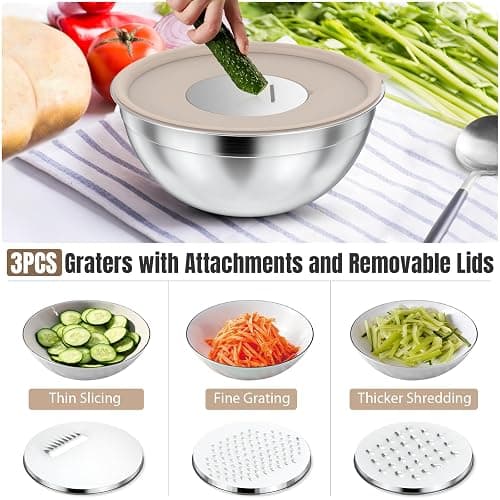 ENVTEK 7-Piece Stainless Steel Mixing Bowls Set with Lids & 3 Grater Attachments – Size 4.5, 4, 3.5, 2.1, 1.5, 1.1, 0.7QT, Kitchen Gadgets Set for Cooking, Baking, and Serving, Khaki thumbnail 5