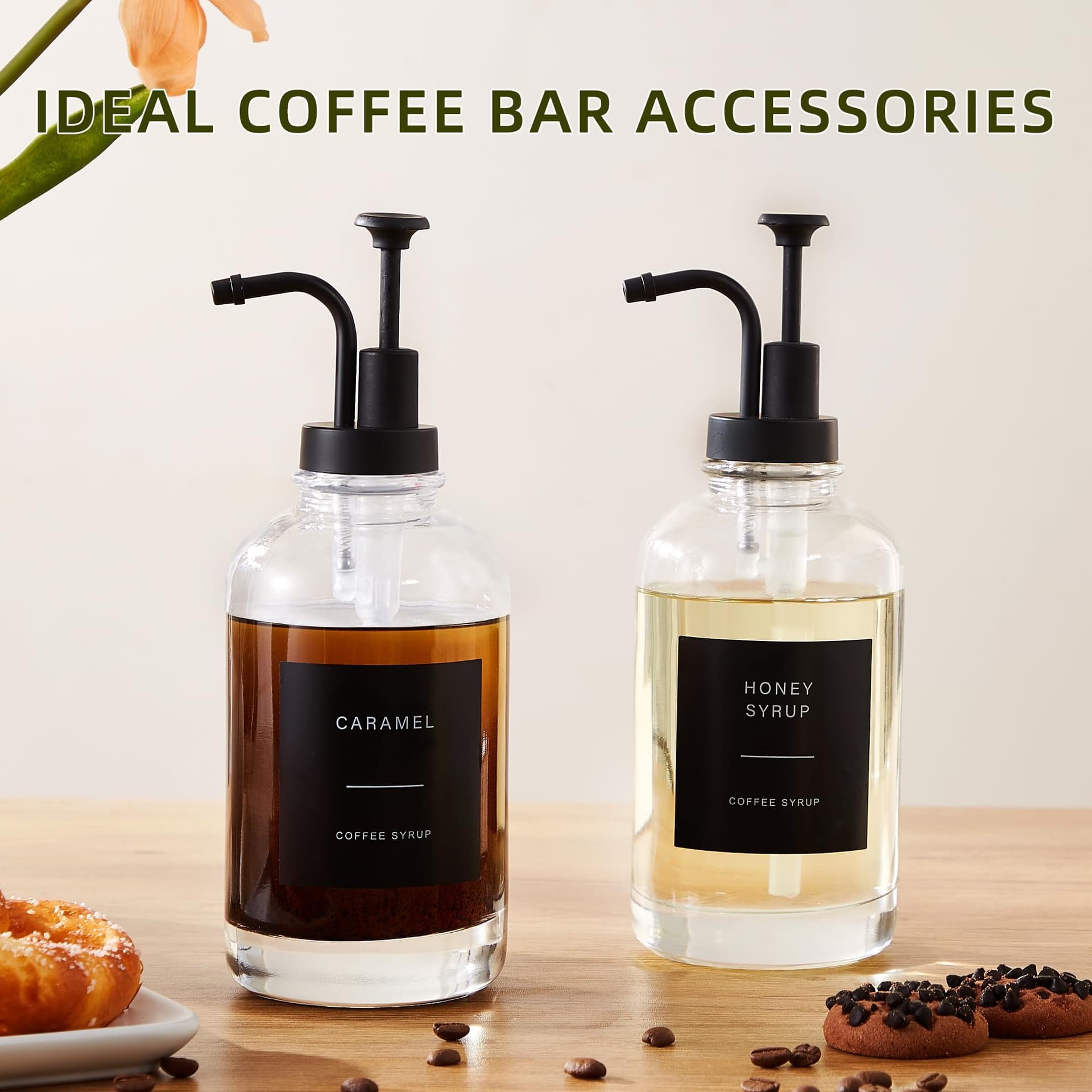 Coffee Syrup Dispensers for Coffee Bar(Set of 4), Coffee Syrup Pump Dispenser for Coffee Bar Accessories, 16.9 oz Glass Syrup Dispenser with 36 Labels, Coffee Syrup Bottles with Matte Black Pump thumbnail 8