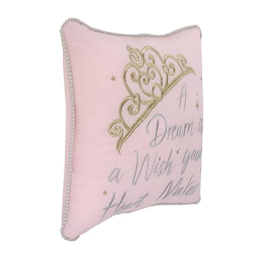 Disney Princess Enchanting Dreams Pink and Gold Embroidered Crown Decorative Throw Pillow with White Pom Pom Trim thumbnail 4