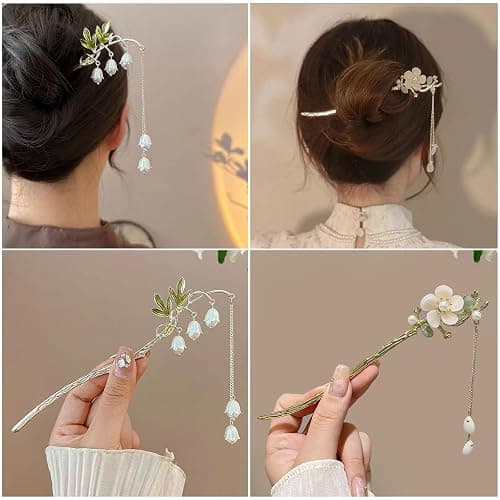 2Packs Lily of the Valley Chinese Hair Sticks for Buns, Pearl Flower Vintage Metal Hair Chopsticks for Women and Girls Dangle Tassel Pendant Hair Accessories Hanfu Handmade Decor Hairpin (white) thumbnail 2