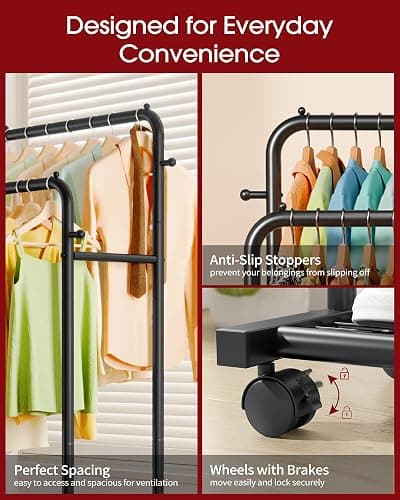 Sakugi Clothes Rack - Double Rods Clothing Rack with Mesh Shelf, Hooks & Wheels, Metal Clothing Racks for Hanging Clothes & Bags, Multifunctional Garment Rack for Laundry, Black, 28.7" x 16.5" x 59.1" thumbnail 9