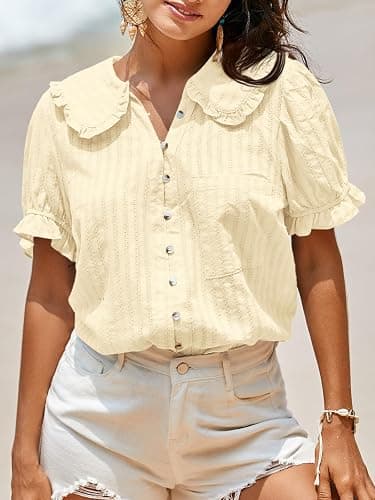 Tankaneo Womens Peter Pan Collar Shirts Puff Sleeve Button Down Cotton Blouse Casual Summer Textured Tops thumbnail 2