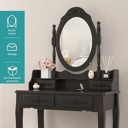 Alohappy Girls Vanity Desk, Makeup Vanity Set with Mirror & Stool, Makeup Table Black Vanity Desk with 4 Drawers Vintage Rose Carving Dressing Desk for Bedroom, Studio (Black) thumbnail 3