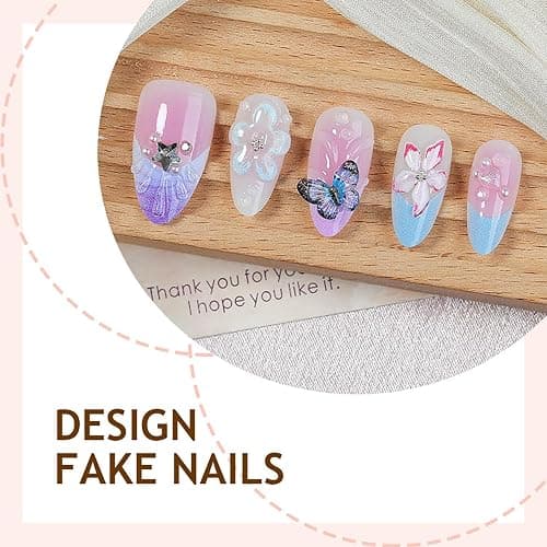 30Pcs Spring Butterfly Press on Nails Medium Almond Purple French Tip Fake Nails with Butterflies Rhinestones Cute Flower Acrylic Nails Spring False Nail Set Floral Full Cover Stick on Nails for Women thumbnail 3
